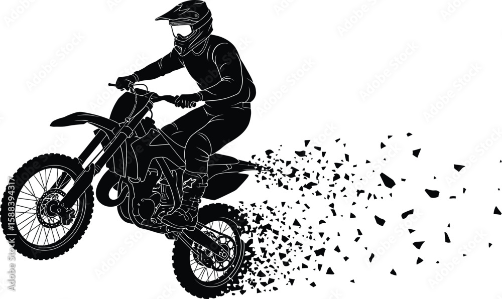 An exciting illustration of a motocross rider performing stunts, showcasing skill and adrenaline with dynamic dirt debris effect.