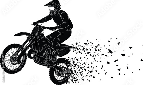 An exciting illustration of a motocross rider performing stunts, showcasing skill and adrenaline with dynamic dirt debris effect.