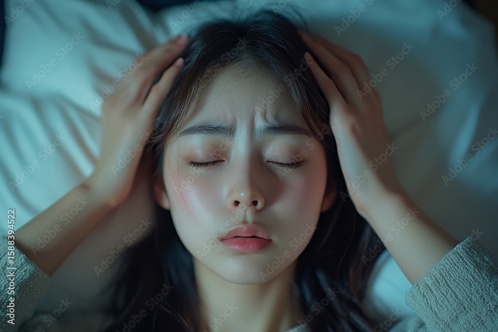 Fototapeta premium Sick day at home with an Asian woman suffering from a headache, down in bed to rest and recover, Generative AI
