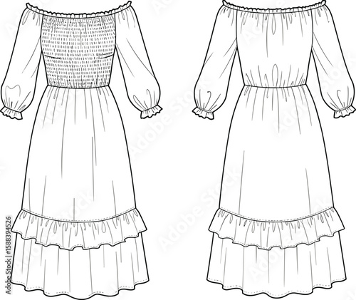 Off-shoulder smocked bodice dress with tiered skirt and puff sleeves, cad flat fashion drawing, vector illustration for stock