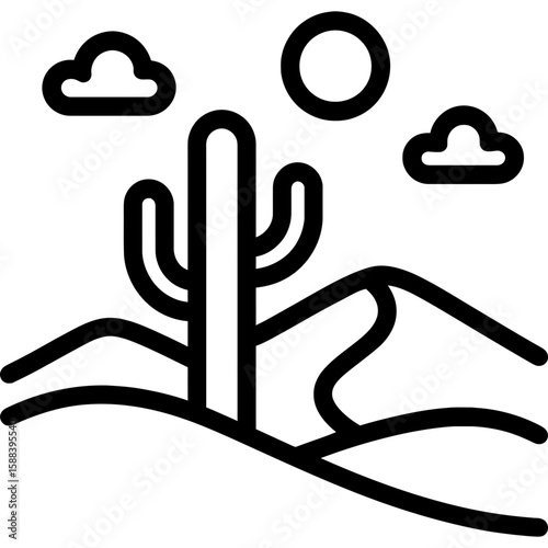 Desert landscape with sand dunes and cactus outline icon vector