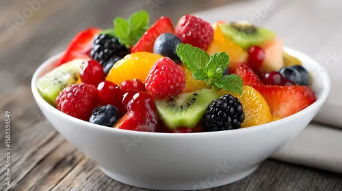Obraz  z motywem Colorful mix of freshly cut tropical fruits served in white ceramic bowl, expressing clean eating, vitamin-rich diet, and organic summer refreshment lifestyle.