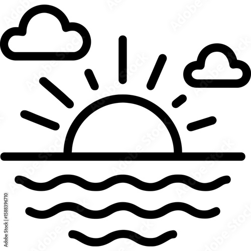 Sunset over horizon line outline icon vector