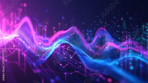 Abstract futuristic background with a glowing digital wave and bar graph. Data science or technology. Business stock world economy. Abstract digital financial graph. Futuristic technology