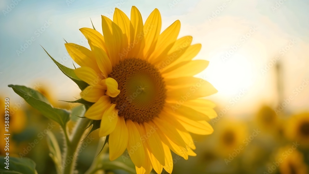 Obraz premium The image shows a close-up of a sunflower in a field with other sunflowers in the background.