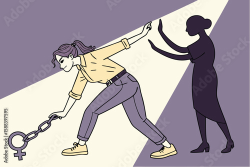 Woman pulling a chain with female symbol while shadow figure resists in a stylized illustration