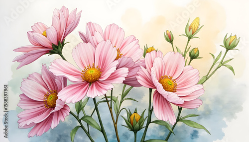 Pink Flowers Watercolor Painting with Buds and Green Stems
