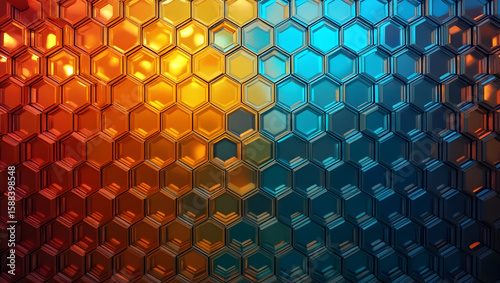 Building Abstract wall made of layered hexagonal glass units, each pane refracting colored urban light gradients