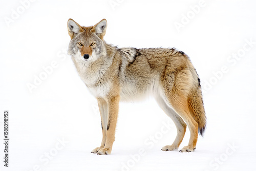 Photo of a watchful coyote stands alert in the snow, isolated on a white background