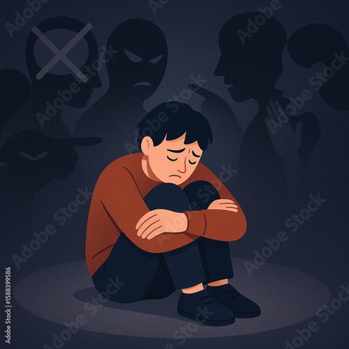 This intense illustration depicts a boy overwhelmed by shadowy figures, symbolizing mental health struggles, workplace anxiety, and emotional isolation. Perfect for articles on stress relief, psycholo