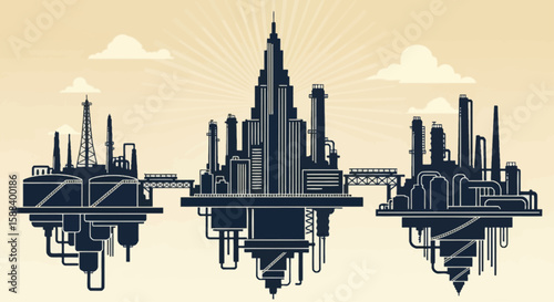 An oil and gas industry silhouette illustrates the energy sector with its derricks, pipelines, and infrastructure against a twilight sky.