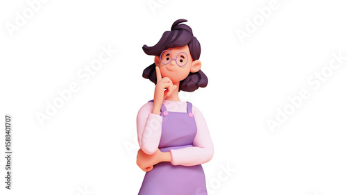 3d rendering portrait of stylized thoughtful asian girl, fashion clothes blue overalls, touches chin with hand, raises index finger up, thinking about decision, making right choice on white background