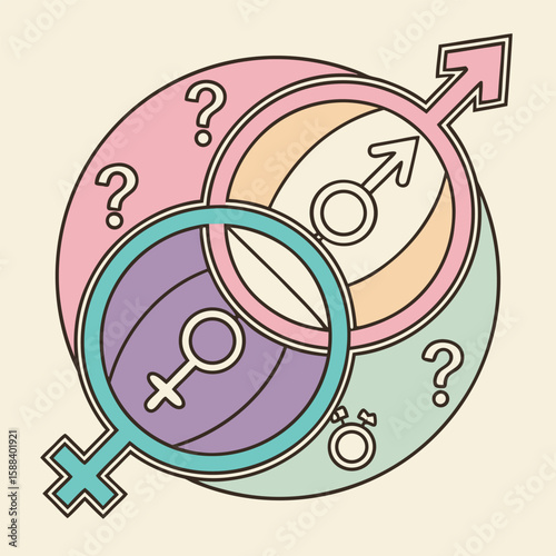 Interlocking gender symbols with question marks in pastel shades representing gender identity questions