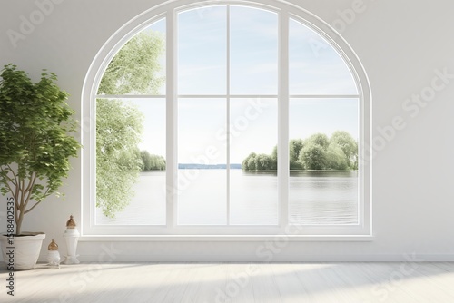 Serene view of a tranquil lake through a large arched window in a modern white room