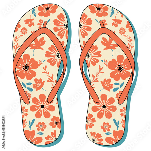 Colorful floral flip-flops design with vibrant patterns on a transparent background