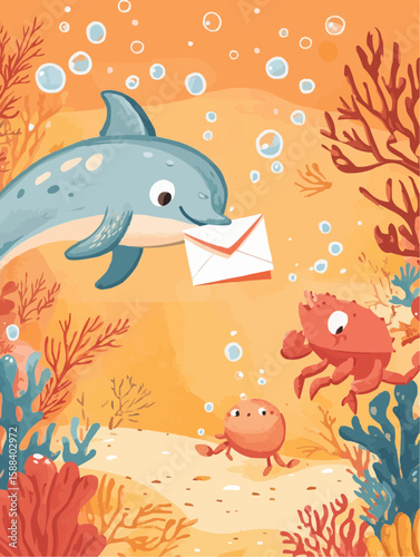 Playful ocean scene of dolphin and crab sharing a letter, with friendly fish and coral, perfect for seasonal posters and children’s wall prints