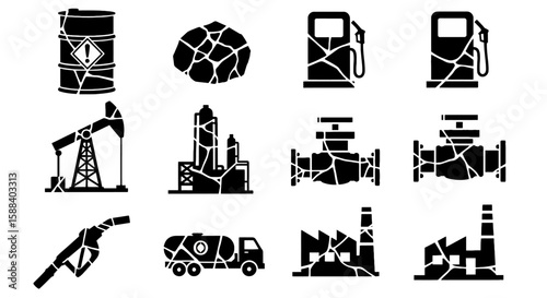 Oil industry pump icons: a black vector set of global technology and business communication symbols