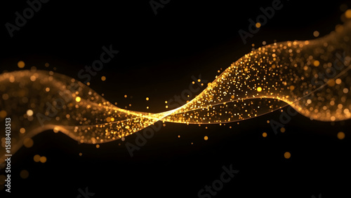 Building Golden particles swirling above a black background forming tech-inspired patterns in 3D motion