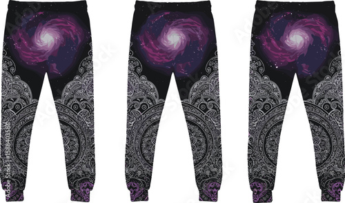 Galaxy mandala matching outfit design, cosmic shirt and joggers set, spiritual vector clothing template, blue gold pattern, editable fashion mockup