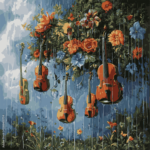 A surreal illustration of violins hanging amidst blossoming flowers, merging music and nature in a harmonious, imaginative scene.