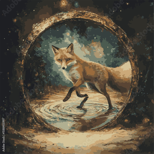 A cunning fox steps from the portal, its gaze set upon an unknown journey, in a surreal landscape with a sense of mystery.