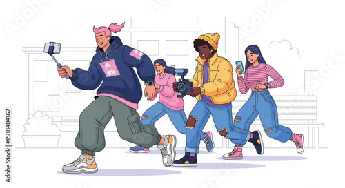 Four young adults are running outdoors, filming content with a camera, phone, and selfie stick in a light-hearted, energetic scene.