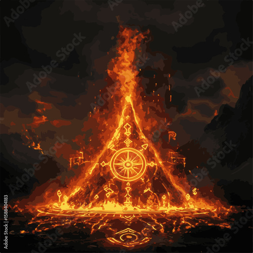 An artistic digital image featuring an ethereal burning structure with radiant flames, symbolizing ancient mysteries and power.