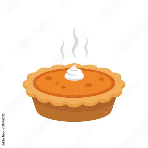 Delicious pumpkin pie with steam and a dollop of whipped cream on a transparent background
