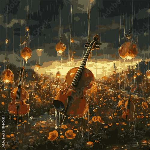Rainy day, surreal landscape, violins, flowers, musical instruments, art, fantasy, dreamlike, artistic, golden hour, rain, nature, surrealism, illustration, artwork, magical, mysterious, vibrant.