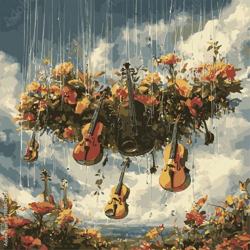 A surreal scene of violins floating amidst a vibrant cloud of flowers, creating a unique and whimsical composition. A harmony of nature and music.