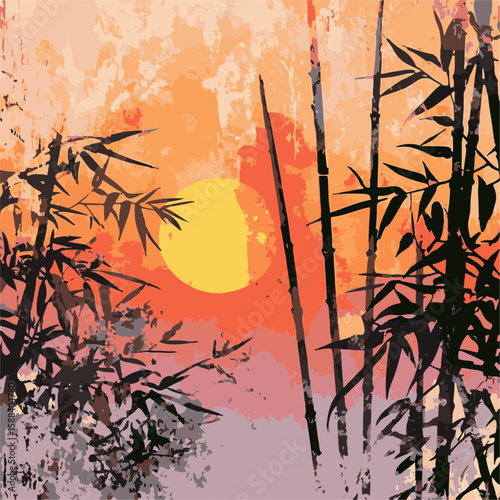 An artistic sunrise with bamboo forest, silhouette of a bamboo forest against the setting sun, capturing a serene moment of natural beauty. 