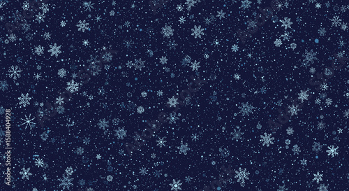 Snowy background with scattered snowflakes in various sizes on a dark navy backdrop