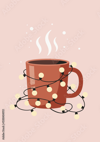 Warm mug wrapped in string lights, emitting steam on a soft pink background