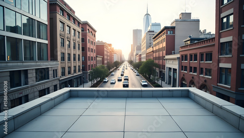 Building Open concrete rooftop overlooking busy city streets, captured in wide panoramic format
