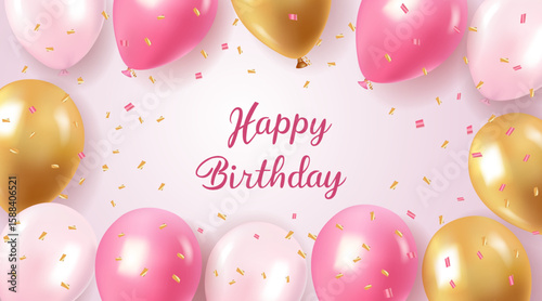 Realistic balloon happy birthday banner, luxury anniversary party poster template with pink and gold balloons.
