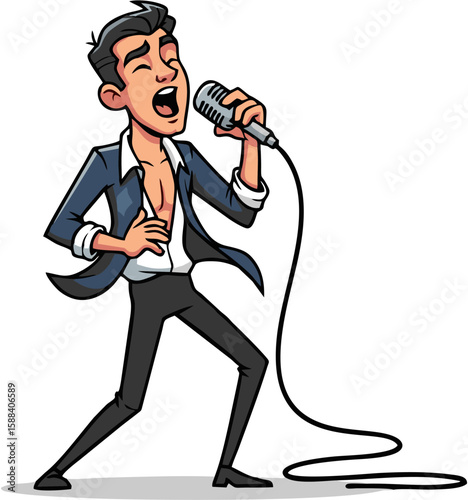 Cartoon illustration of a man singing into a microphone with passion, wearing a jacket and pants.