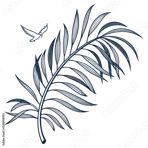 Palm Leaf with Bird: A detailed illustration of a curved palm leaf is shown next to a flying bird. A beautiful representation of natural serenity and tropical design.