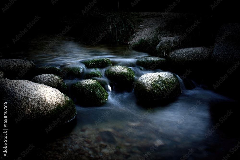 Fototapeta premium Night creek, mossy stones, flowing water