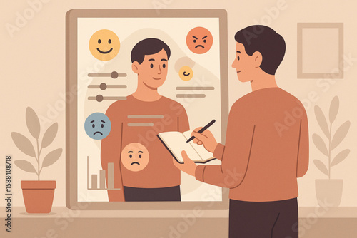 Flat vector illustration of self-awareness and emotional intelligence. Person journaling in front of mirror with emotion icons, sliders, mood charts. Mental health, mindfulness, daily tracking.
