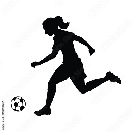 silhouette of a female player kicking a soccer ball, vector graphic