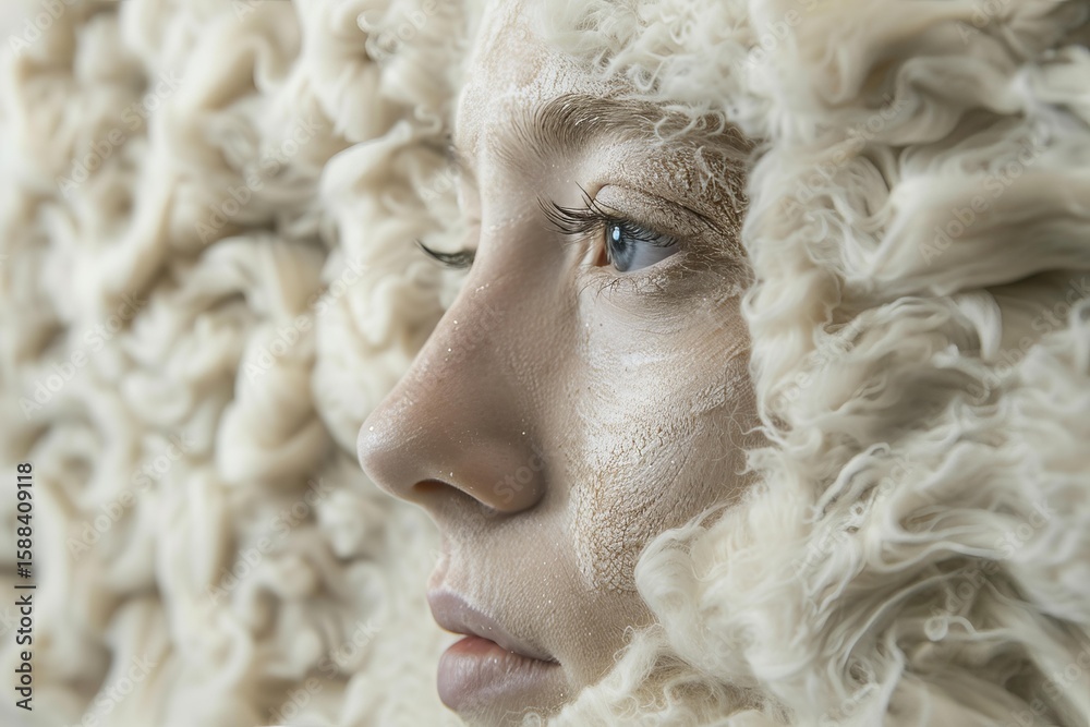 Fototapeta premium Young woman with creative white make up is posing with a fluffy white headdress