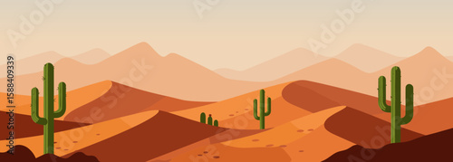 Desert landscape with cacti and rolling dunes at sunset