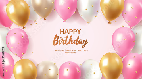 Realistic balloon happy birthday banner, luxury anniversary party poster template with pink and gold balloons.