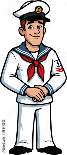 A cartoon illustration of a smiling sailor wearing a nautical uniform.