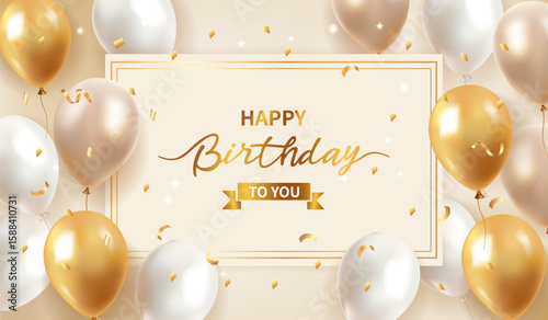 Balloon happy birthday template, celebration anniversary luxury party shiny gold and silver balloons and confetti banner poster, vector template
