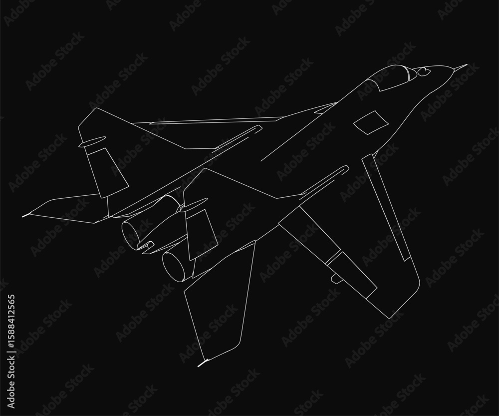 Fototapeta premium A sleek fighter jet in black and white line art stands out against a dark background. The detailed contour highlights the wingspan and tail fins. This combat aircraft illustration has a bold.