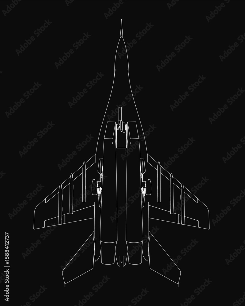 Fototapeta premium A detailed black and white fighter jet drawing stands out against a stark black background. The combat aircraft features a prominent wingspan and sharp tail fins, highlighted by clean contour lines.
