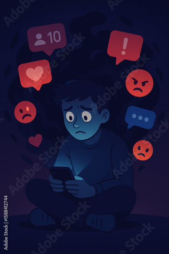 This striking illustration shows a boy overwhelmed by social media, surrounded by emojis like hearts and angry faces, symbolizing digital stress, mental health struggles, and online anxiety. Ideal for