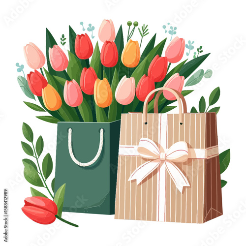 vibrant watercolor-style illustration of tulips and a gift bag is perfect for blogs or websites celebrating holidays, events, or gift-giving occasions.
