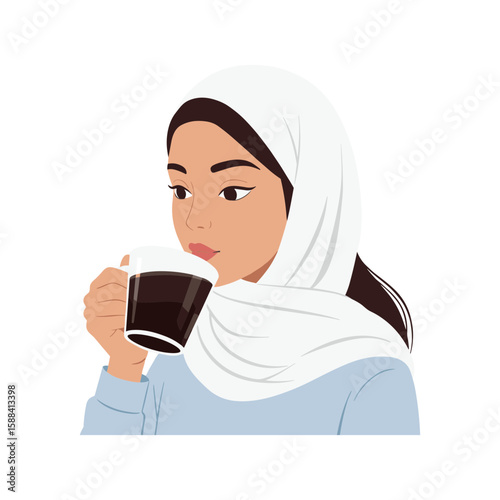 Young woman in hijab drinking coffee, thoughtful expression, vector illustration, copy space